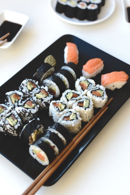 Hemmagjord, sushi, mat, skaldjur, kost