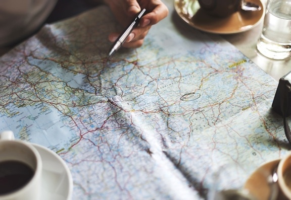 Plan, mapa, viaje, viaje, taza de café, navegación