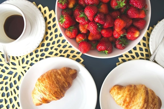 croissant, coffee, bowl, strawberry, breakfast, food, food, meal