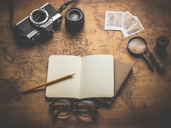 old, travel, photo camera, object, paper, eyeglasses