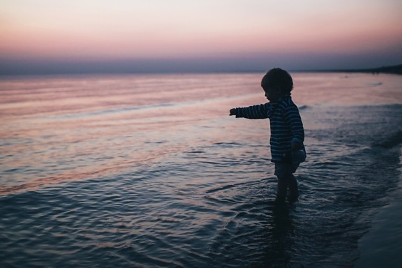 silhouette, child, boy, beach, sea, dusk, water, coast, landscape