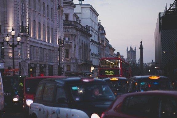 bus, traffic, car, taxi, downtown, evening, traffic jam, England, London