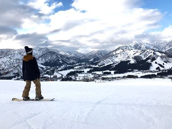 Snowboard, homme, neige, montagne, glacier, hiver, glace, paysage, ciel
