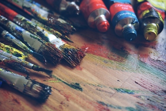油漆刷、油、木、色、彩