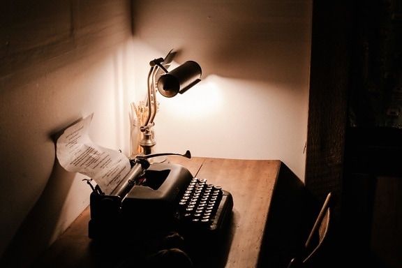 gammal, skrivmaskin, lampa, skrivbord, antikt, teknik, maskin, mekanism