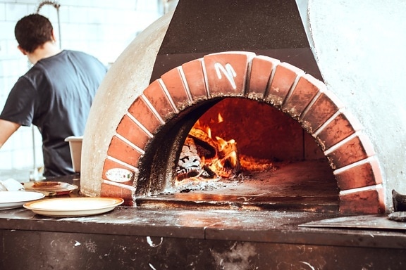 hot, fire, flame, pizza, oven, restaurant, man, worker