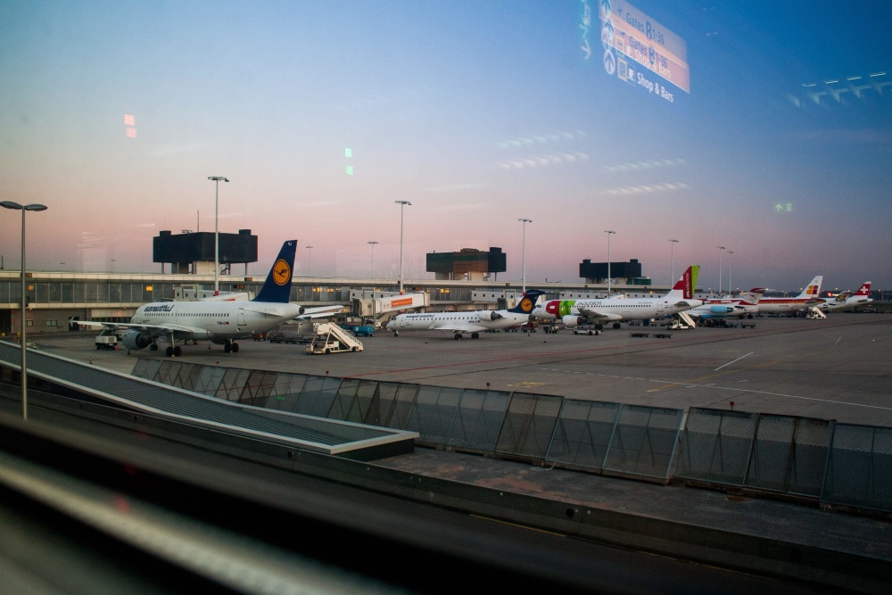 Aéroport, coucher de soleil, avion, véhicule, transport