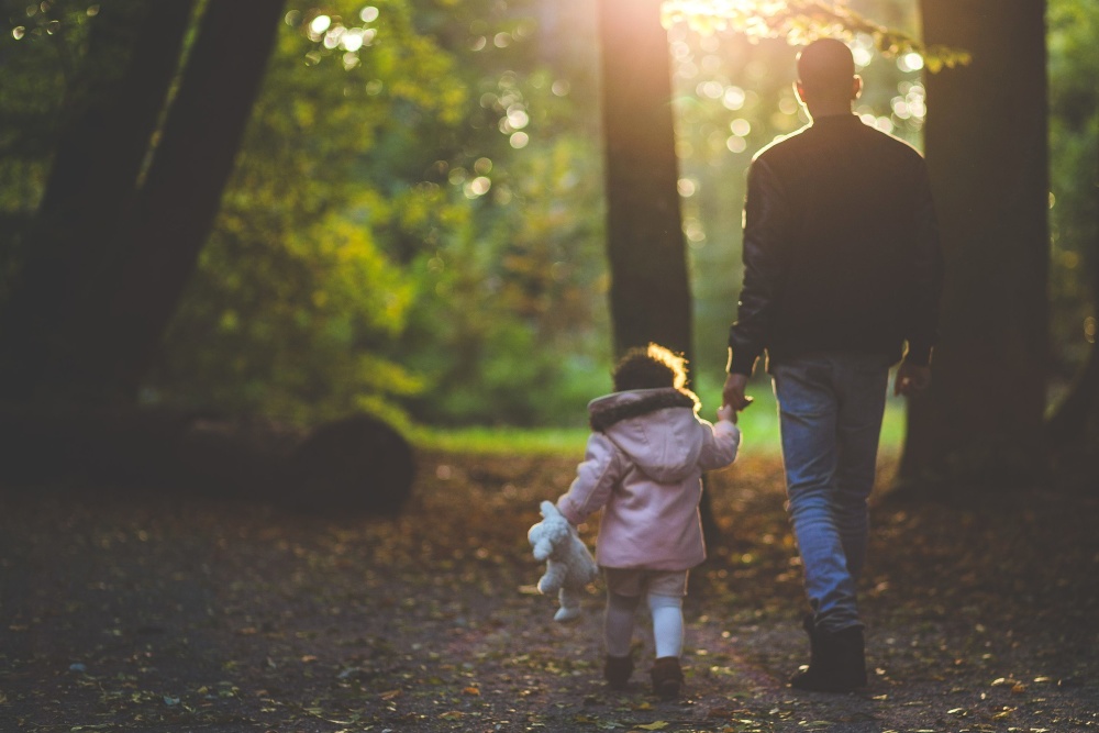 father, daughter, forest, walk, childhood, child, family