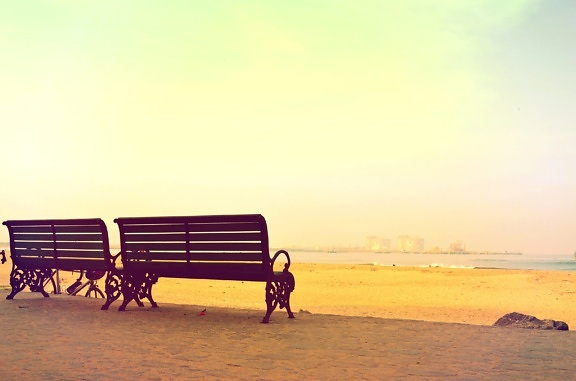 beach, bench, summer, sunshine
