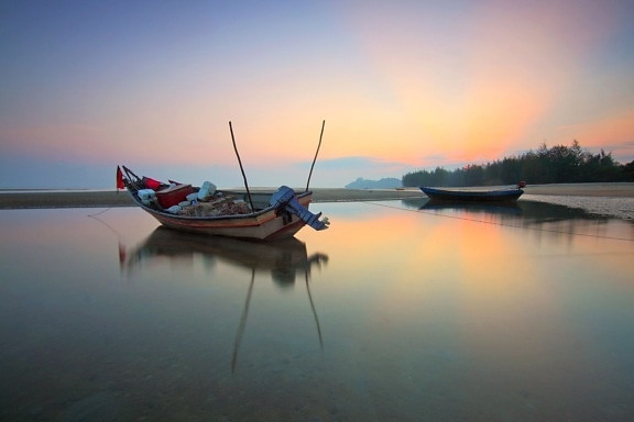 Barco de pesca, paisaje, agua, puesta del sol, mar, agua