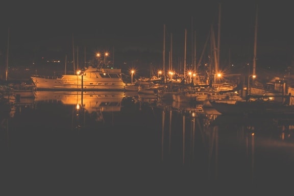 Marina, ciudad, agua, noche, puerto, barco, muelle, bahía