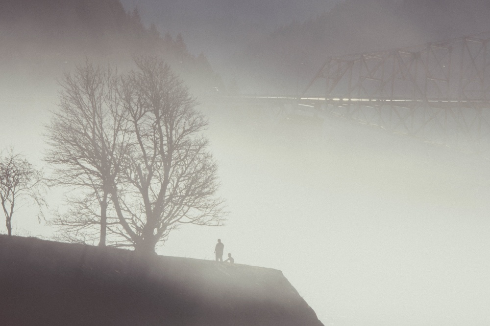 Silhouette, uomini, nebbia, cielo, paesaggio