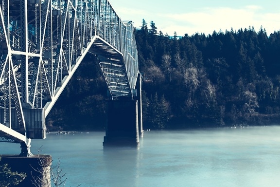 мост, река, мъгла, пейзаж
