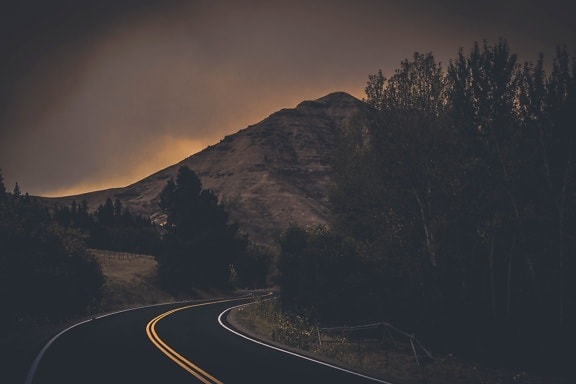 yellow line, asphalt, sunset, mountain, landscape, way, road