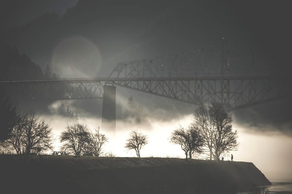 night, fog, landscape, bridge, silhouette, dawn, sky