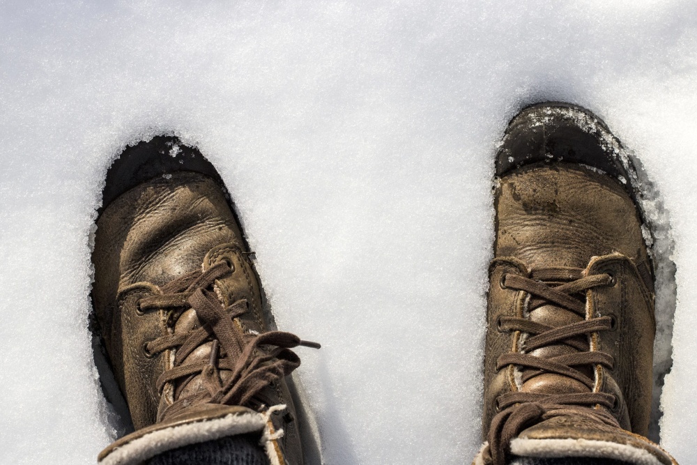 obuwie, nosić, stóp, ludzi, śnieg, skóra, człowiek, buty
