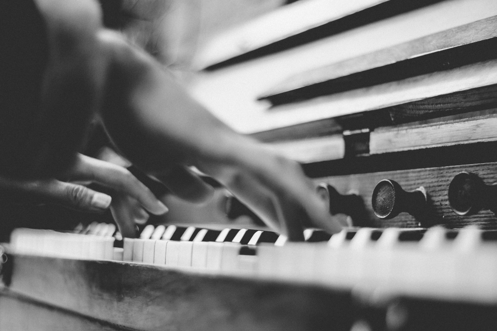 zongora, eszköz, fekete-fehér, zene, zenész