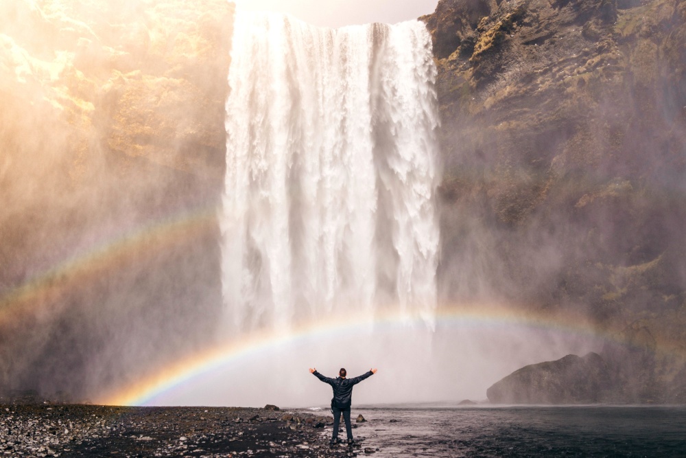muž, vody, rainbow, vodopád, krajina, vody, príroda