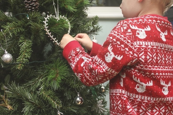 Navidad, niño, celebración, decoración, árbol