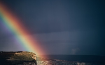 フリー写真画像 水 虹 海 風景 海 日没 太陽 ビーチ