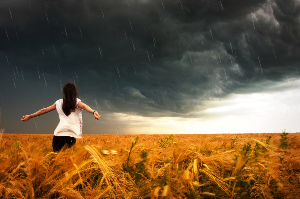nő, mezőgazdaság, eső, felhő, naplemente, ég