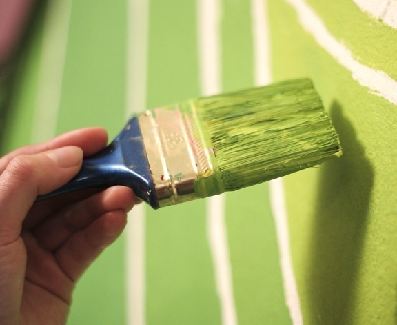 mão, mão ferramenta pincel, verde, pintura, parede