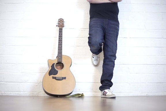 musician, guitar, floor, wood, indoors, man, acoustic guitar