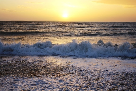 dagály, strand, víz, naplemente, tenger, óceán, nap, Hajnal, tengerpart, homok, parti