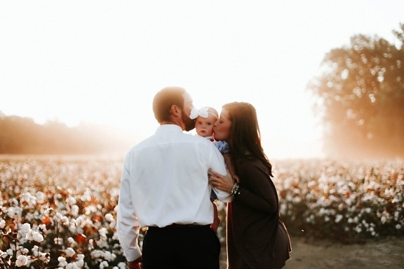 mother, father, baby, happy, flower garden, together, man, people, lifestyle