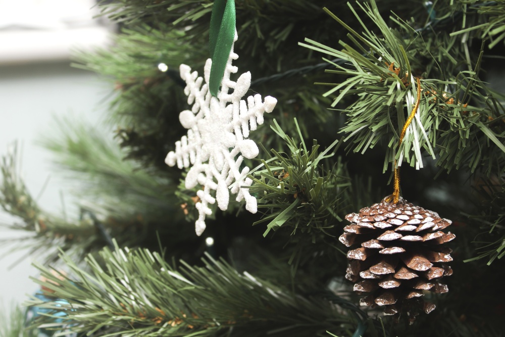 snöflinga, jul, tall träd, vinter, dekoration, barrträd