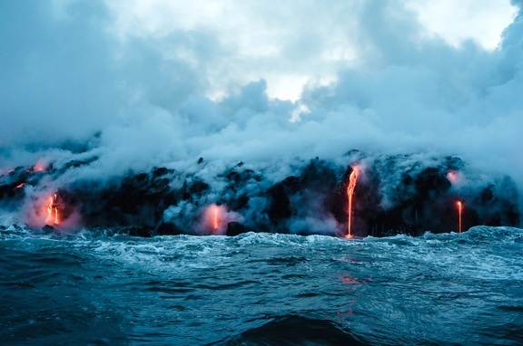volkanik patlama, ısı, tehlike, patlama, okyanus, alev, su, duman, peyzaj
