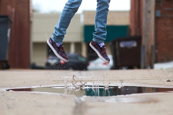 jump, water, person, street, asphalt, sport shoe
