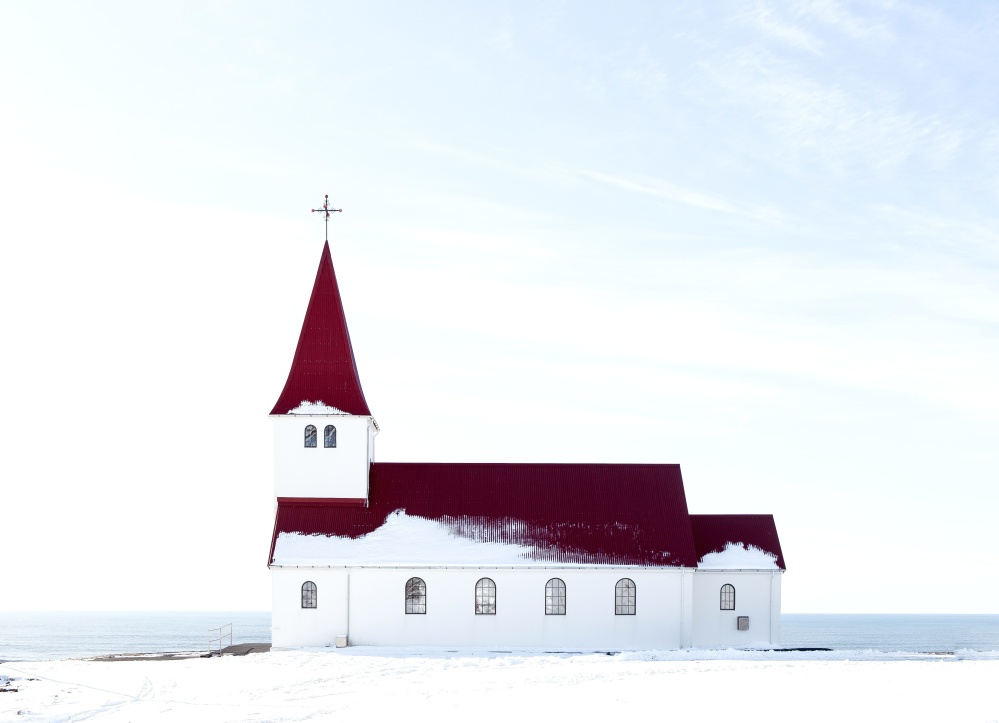 Церковь, архитектура, крест, зима, снег, море, небо