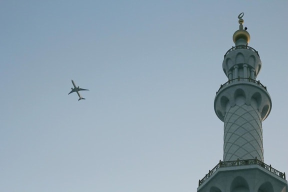 aircraft, daylight, architecture, tower, religion, sky, airplane, flight