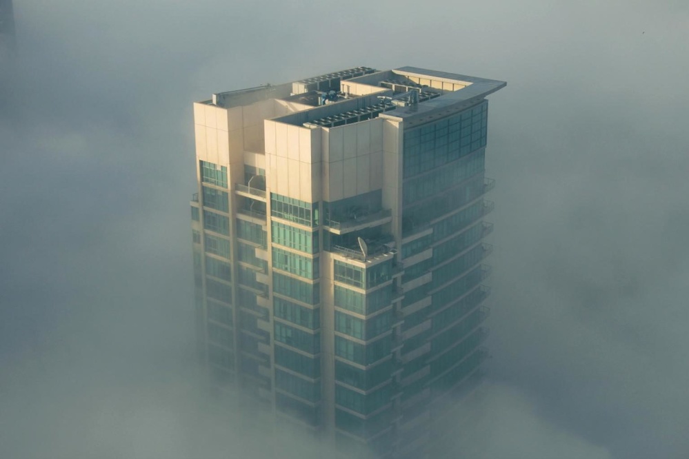 arkitektur, by, tåge, by, bygning, tåge, udvendige