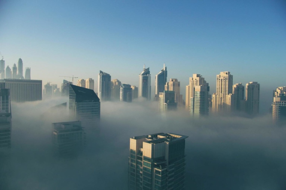 Ciudad, céntrico, arquitectura, cityscape, niebla, humo, urbano