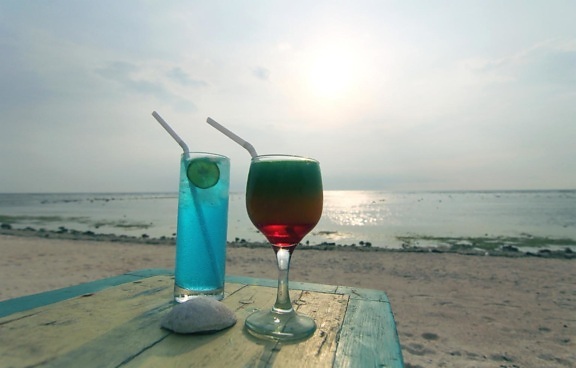 fruit cocktail, beach, fruit juice, sand, ocean, summer, vacation, sky