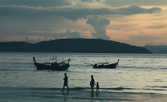 silhouette, water, watercraft, fisherman, ocean, sea, boat, vehicle, beach