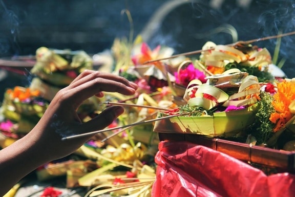 rökelse, hand, blomma, firande, festival, människor, dekoration, färg