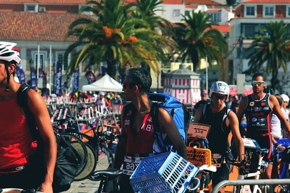 atleta, triathlon, esporte, competição, pessoas, corrida, ciclista, bicicletas, multidão