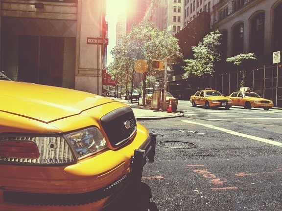 Mobil, kendaraan, jalan, jalan, taksi, pusat kota, aspal, kuning