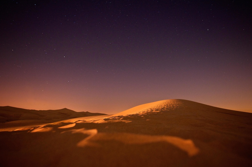 Désert, dunes de sable, coucher de soleil, aurore, ciel, paysage, nuit