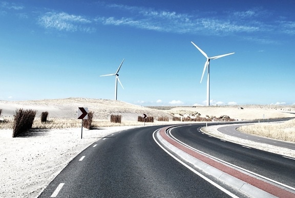 wind, road, windmill, turbine, electricity, power, energy, asphalt