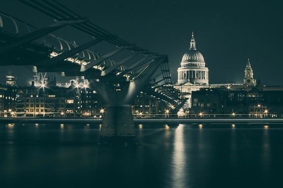Nuit, centre-ville, rivière, ville, pont, architecture, eau, paysage urbain, urbain