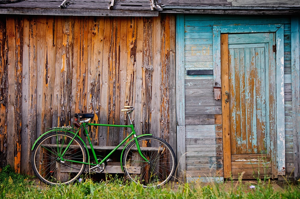 cykel, træ, dør, træ, forladte, hus, stald, gamle, rustikke