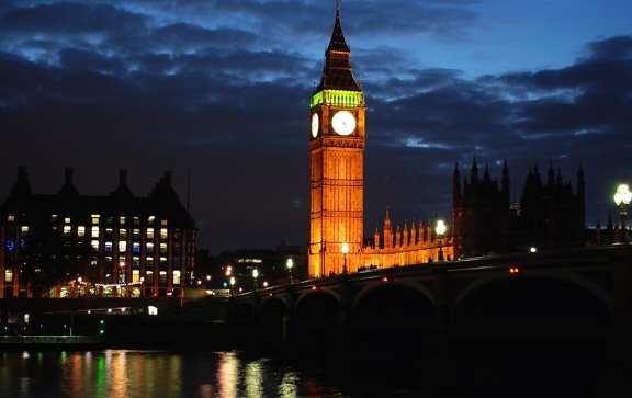 építészet, város, folyó, híd, alkonyat, Angliában, Londonban, éjszaka, torony, belváros