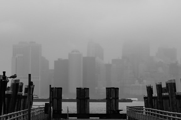 туман, город, смога, город, центр города, архитектура, туман, городских, монохромный