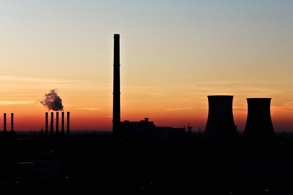 siluet, polusi, asap, matahari terbenam, kota, industri, asap, kondensasi, pabrik