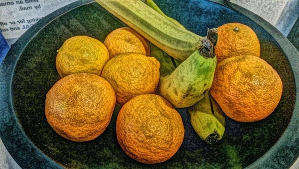 art, photomontage, painting, food, fruit, banana, bowl, orange fruit