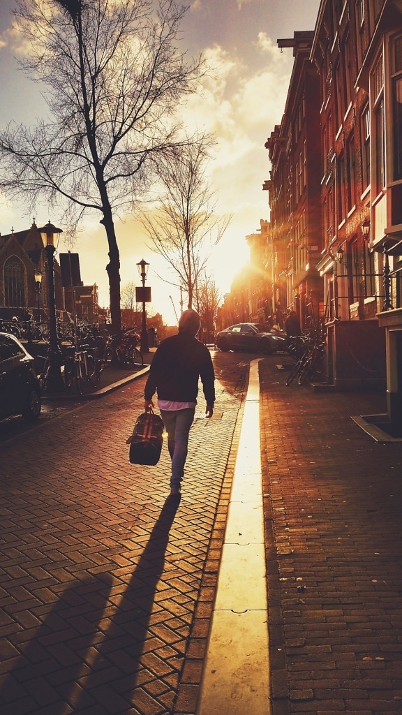 Street, ľudia, mesto, chodník, chôdze, sunset, urban